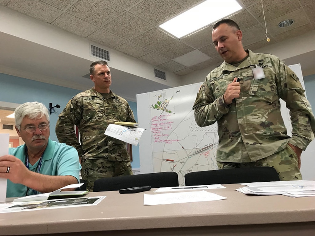 From right: Lt. Col. John Grabowski, deputy commander for cyber transformation at Fort Gordon, talks with Col. Daniel Hibner, commander, U.S. Army Corps of Engineers Savannah District, and Ken Gray, chief of Construction Division at USACE Savannah District, at Military Ocean Terminal Sunny Point, N.C., or MOTSU, following Hurricane Florence’s landfall in North Carolina Sept. 20, 2018. Photo by Russ Wicke, USACE Savannah District.