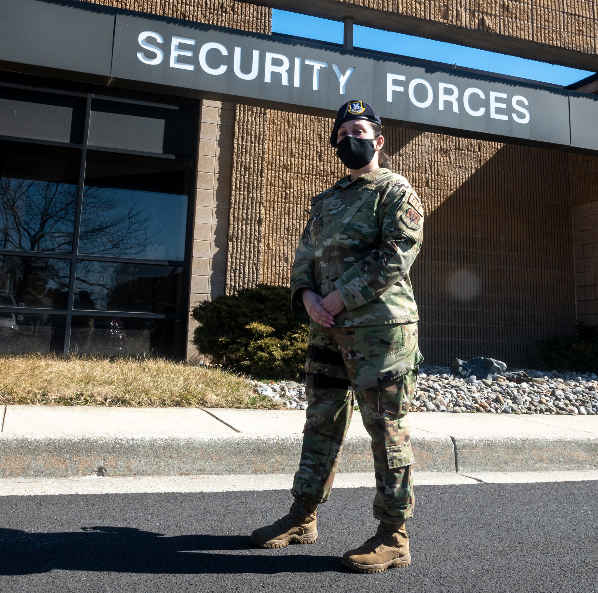 U.S. Air Force Master Sgt. Wanda Rodriguez, 175th Security Forces superintendent, poses outside the Security Forces building at Warfield Air National Guard Base at Martin State Airport, Middle River, Md., on March 5th, 2021.
