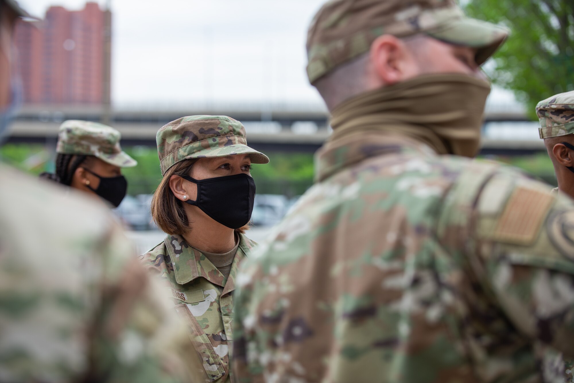 Chief Master Sgt. of the Air Force JoAnne S. Bass visits Airmen of the 175th Wing, Maryland National Guard, at the mass vaccination site at M&T Bank Stadium, Baltimore, on May 3, 2021.