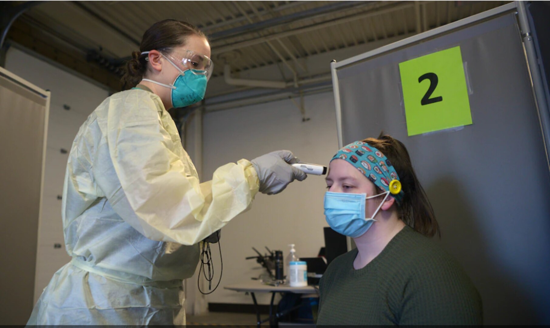 a 354th Operational Medical Readiness Squadron medical technician, takes a simulated patient’s temperature while practicing administering a COVID-19 test Jan. 13, 2021, on Eielson Air Force Base, Alaska.