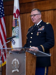 Illinois Army National Guard Lt. Col. Michael Legler, of Pekin, Illinois, thanks friends and family for their support throughout his military service during his retirement ceremony April 30 at the Illinois Military Academy, Camp Lincoln in Springfield, Illinois. Legler retired with more than 33 years of military service, including 28 years in the National Guard.