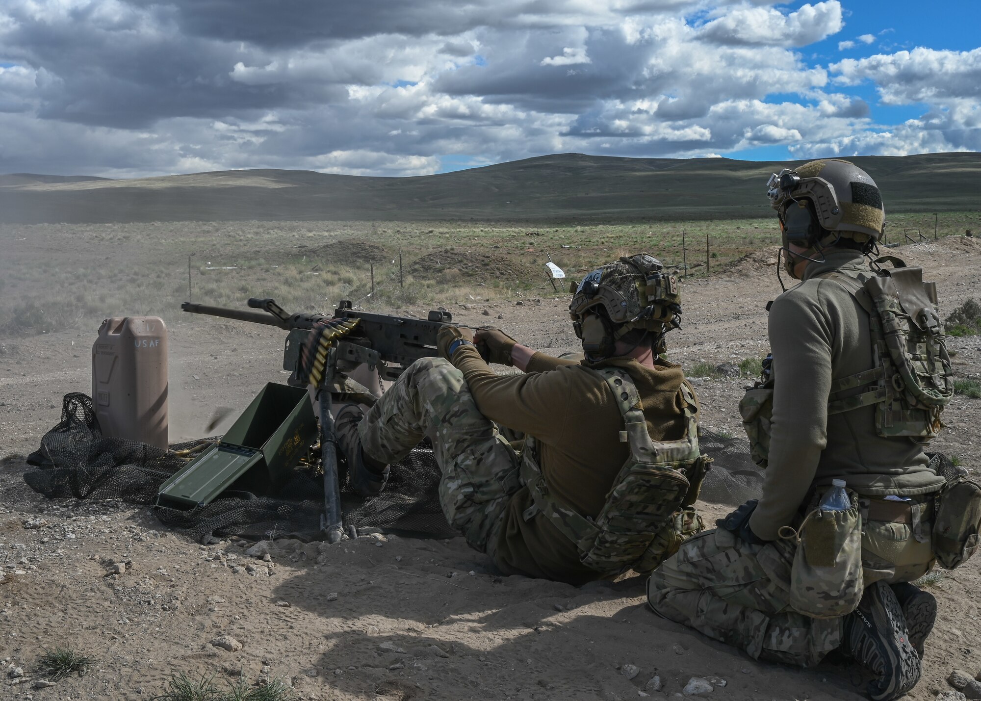 A U.S. Air Force tactical air control party Airman with the 5th Air Support Operations Squadron fires an M2 .50 caliber weapon system during a field training exercise at Yakima Training Center, Washington, April 26, 2021. The 5th ASOS fired approximately 60,000 rounds of M4, M2, M249, M240, and MK19 ammunition during their week long field training exercise, ensuring Air Combat Command’s warfighting capability and presence. (U.S. Air Force photo by Airman 1st Class Callie Norton)