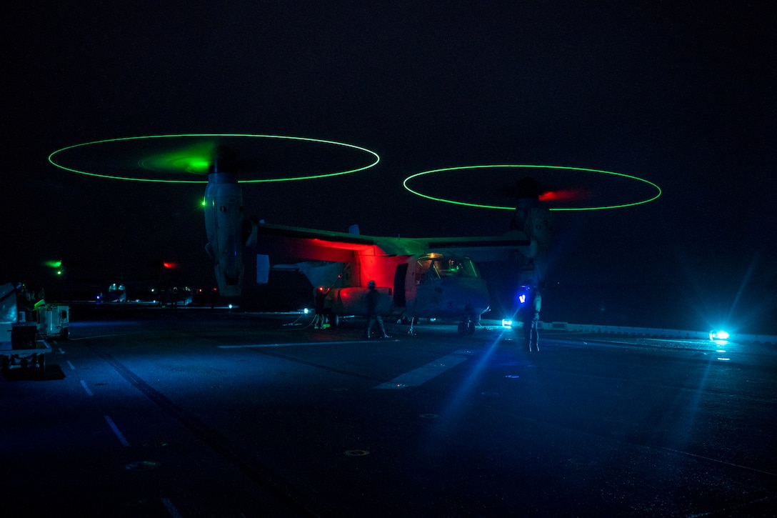 An MV-22B Osprey assigned to Marine Medium Tiltrotor Squadron 165 (Reinforced), 11th Marine Expeditionary Unit, lands aboard amphibious assault ship USS Essex, April 20. Essex is underway as part of the Essex Amphibious Ready Group conducting routine training off the coast of southern California with the 11th MEU. Together, the 11th MEU, Amphibious Squadron 1, and ships are designated as an ARG.