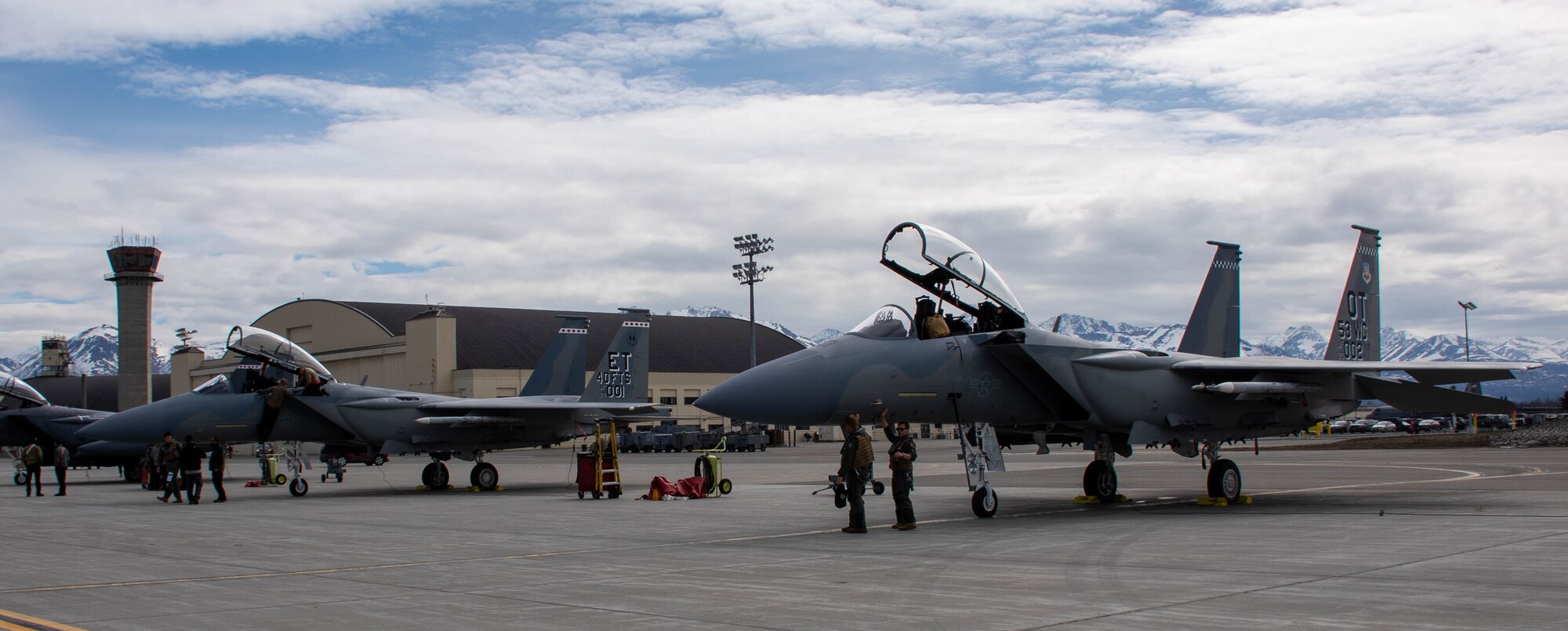 F-15EXs sit on the ramp prior to flight at Joint Base Elmendorf-Richardson in support of Northern Edge 2021. The purpose of the F-15EX’s participation in Northern Edge is to allow for immediate deep-end testing in a complex jamming environment to gather essential test data for what works and what needs improvement.