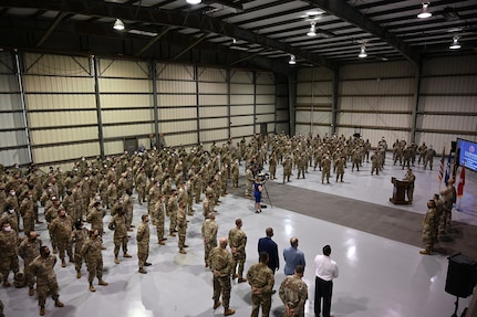 The Louisiana National Guard's 3rd Battalion of the 156th Infantry Regiment, 256th Infantry Brigade Combat Team, take part in their deployment ceremony in Lafayette, La., Nov. 10, 2020. This unit joins the approximately 2,000 Louisiana guardsmen deploying to the Middle East to support U.S. Central Command (CENTCOM) operations.