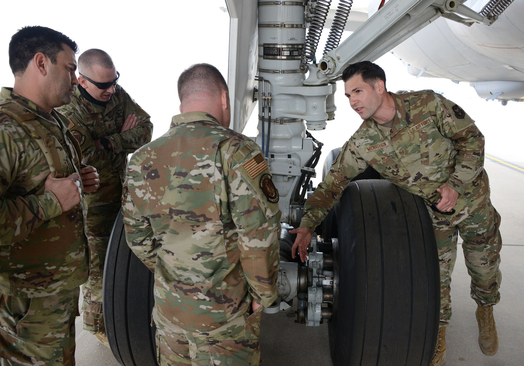 Tech. Sgt. Ian Michaelson, 931st Aircraft Maintenance Squadron, crew chief, gives recruiters from the 352nd Recruiting Squadron a tour of the KC-46 Pegasus during a recruiting event at McConnell Air Force Base, Kansas, Apr. 10, 2021.