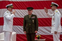 Vice Adm. Sam Paparo, left, commander, U.S. Naval Forces Central Command (NAVCENT), U.S. 5th Fleet and Combined Maritime Forces (CMF), is relieved by Vice Adm. Brad Cooper, right, during a change of command ceremony presided over by Gen. Frank McKenzie, commander of U.S. Central Command, onboard Naval Support Activity Bahrain, May 5. NAVCENT is the U.S. Navy element of U.S. Central Command in the U.S. 5th Fleet area of operations and encompasses about 2.5 million square miles of water area and includes the Arabian Gulf, Gulf of Oman, Red Sea and parts of the Indian Ocean. The expanse is comprised of 20 countries and includes three critical choke points at the Strait of Hormuz, the Suez Canal and the Strait of Bab al Mandeb at the southern tip of Yemen.