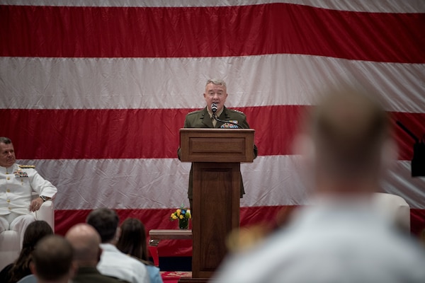 Gen. Frank McKenzie, commander of U.S. Central Command, delivers remarks during a change of command ceremony for U.S. Naval Forces Central Command (NAVCENT), U.S. 5th Fleet and Combined Maritime Forces (CMF) onboard Naval Support Activity Bahrain, May 5. Vice Adm. Sam Paparo was relieved by Vice Adm. Brad Cooper. NAVCENT is the U.S. Navy element of U.S. Central Command in the U.S. 5th Fleet area of operations and encompasses about 2.5 million square miles of water area and includes the Arabian Gulf, Gulf of Oman, Red Sea and parts of the Indian Ocean. The expanse is comprised of 20 countries and includes three critical choke points at the Strait of Hormuz, the Suez Canal and the Strait of Bab al Mandeb at the southern tip of Yemen.