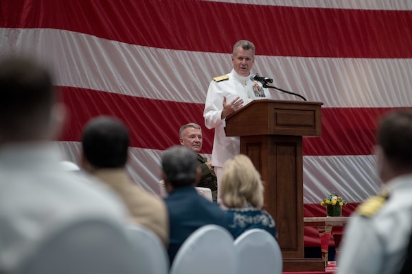 Vice Adm. Sam Paparo, commander, U.S. Naval Forces Central Command (NAVCENT), U.S. 5th Fleet and Combined Maritime Forces (CMF), delivers remarks during a change of command ceremony onboard Naval Support Activity Bahrain, May 5. Paparo was relieved by Vice Adm. Brad Cooper. NAVCENT is the U.S. Navy element of U.S. Central Command in the U.S. 5th Fleet area of operations and encompasses about 2.5 million square miles of water area and includes the Arabian Gulf, Gulf of Oman, Red Sea and parts of the Indian Ocean. The expanse is comprised of 20 countries and includes three critical choke points at the Strait of Hormuz, the Suez Canal and the Strait of Bab al Mandeb at the southern tip of Yemen.