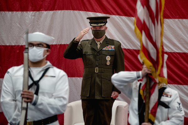 Gen. Frank McKenzie, commander of U.S. Central Command, salutes during a change of command ceremony for U.S. Naval Forces Central Command (NAVCENT), U.S. 5th Fleet and Combined Maritime Forces (CMF) onboard Naval Support Activity Bahrain, May 5. Vice Adm. Sam Paparo was relieved by Vice Adm. Brad Cooper. NAVCENT is the U.S. Navy element of U.S. Central Command in the U.S. 5th Fleet area of operations and encompasses about 2.5 million square miles of water area and includes the Arabian Gulf, Gulf of Oman, Red Sea and parts of the Indian Ocean. The expanse is comprised of 20 countries and includes three critical choke points at the Strait of Hormuz, the Suez Canal and the Strait of Bab al Mandeb at the southern tip of Yemen.