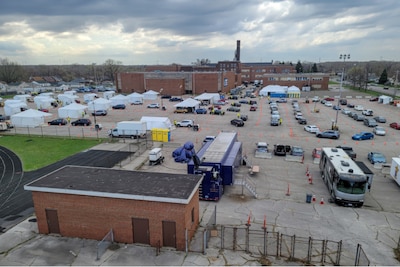 An overview of the drive-up area of the state-led, federally-supported Community Vaccination Center in Gary, Indiana, April 7, 2021.