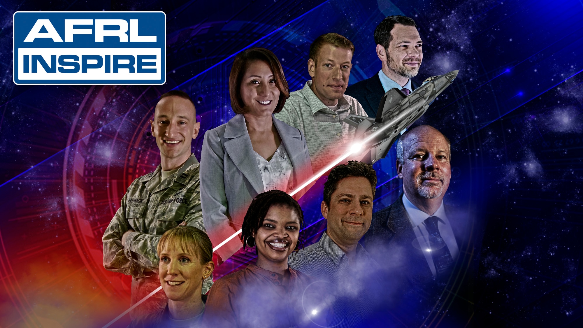 AFRL Inspire showcases innovative ideas and passionate people. This year’s event featured Capt. Tylor Rathsack, Sara Telano, John Henry Williams, Dr. James Sumpter, Lt. Col. Olivia “Pi” Elliott, Dr. Nia Peters, Dr. James Christensen and Dr. Joel Mozer. (U.S. Air Force photo illustration/Keith Lewis)