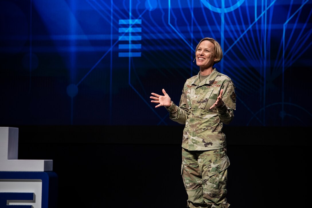 AFRL Commander Brig. Gen. Heather Pringle called this year’s speakers “the stars of the show” during her opening remarks, emphasizing that these “truly remarkable” individuals “represent all of our AFRL workforce,” the scientists, engineers, and functional professionals who make our mission possible.” Pringle noted that this engaging event “provides a snapshot of the achievements of this amazing AFRL workforce.” She welcomed special guests from the U.S. Air Force and the U.S. Space Force, highlighting the significance of one AFRL supporting two services. (U.S. Air Force photo/Rich Eldridge)