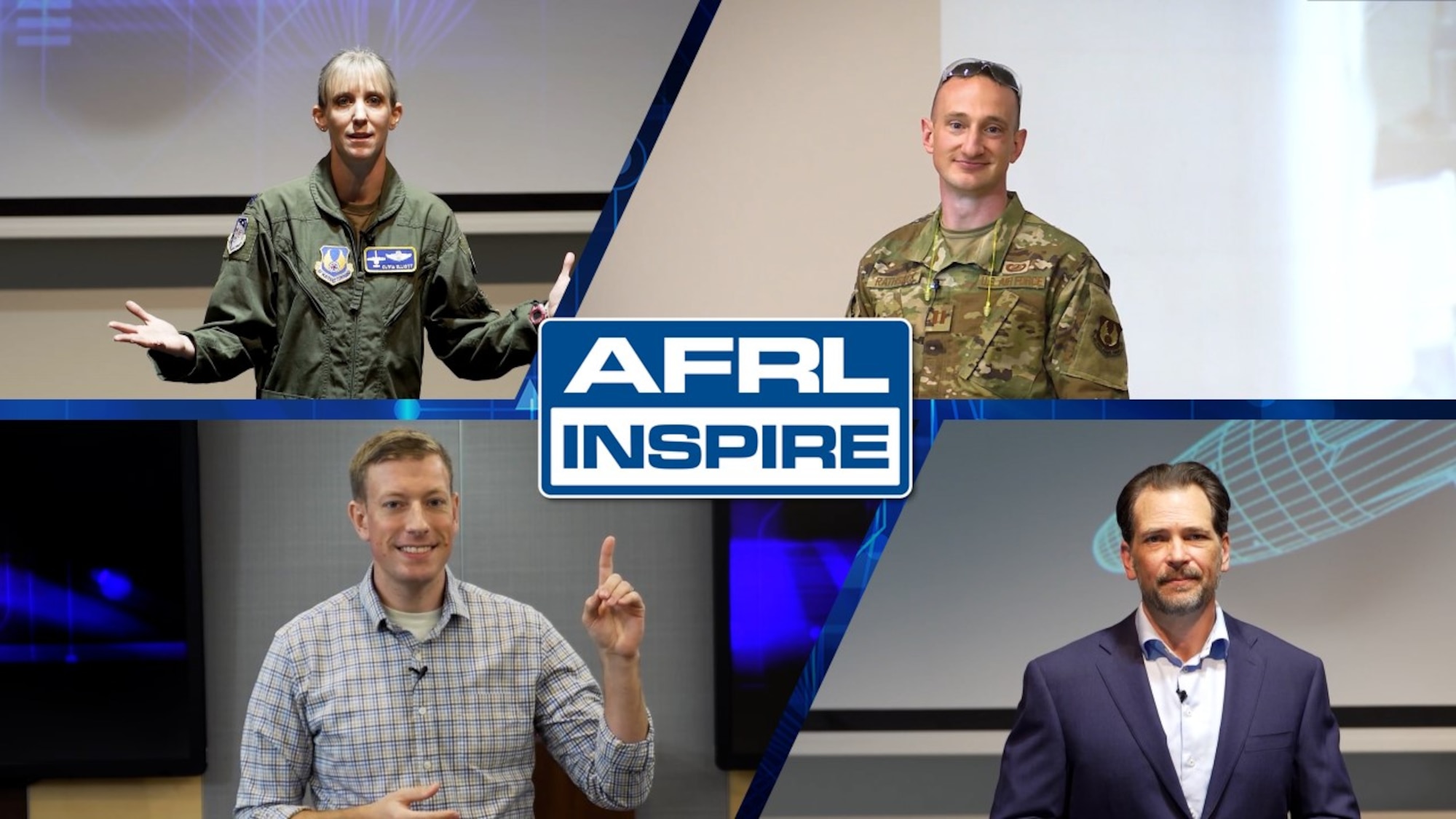 AFRL Inspire pre-recorded speakers: Lt. Col. Olivia "Pi" Elliott, Capt. Tylor Rathsack, John Henry Williams, and Dr. James Sumpter. (U.S. Air Force photo illustration/Patrick Londergan)