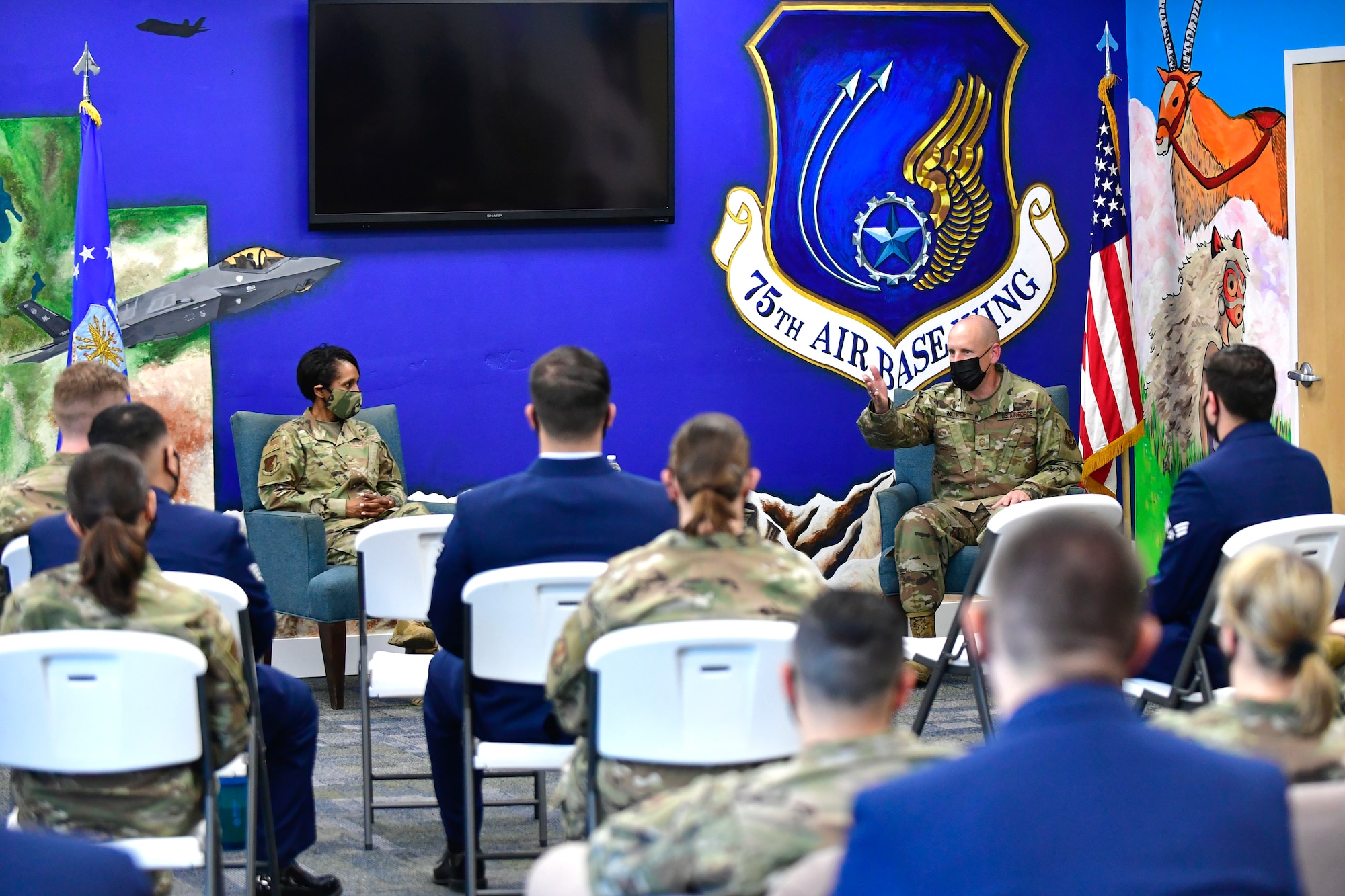 ABW leadership address Airmen during a Coffee Talk event at the Airman Recreation Center.