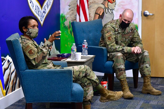 ABW leadership addressing Airmen during a Coffee Talk event.