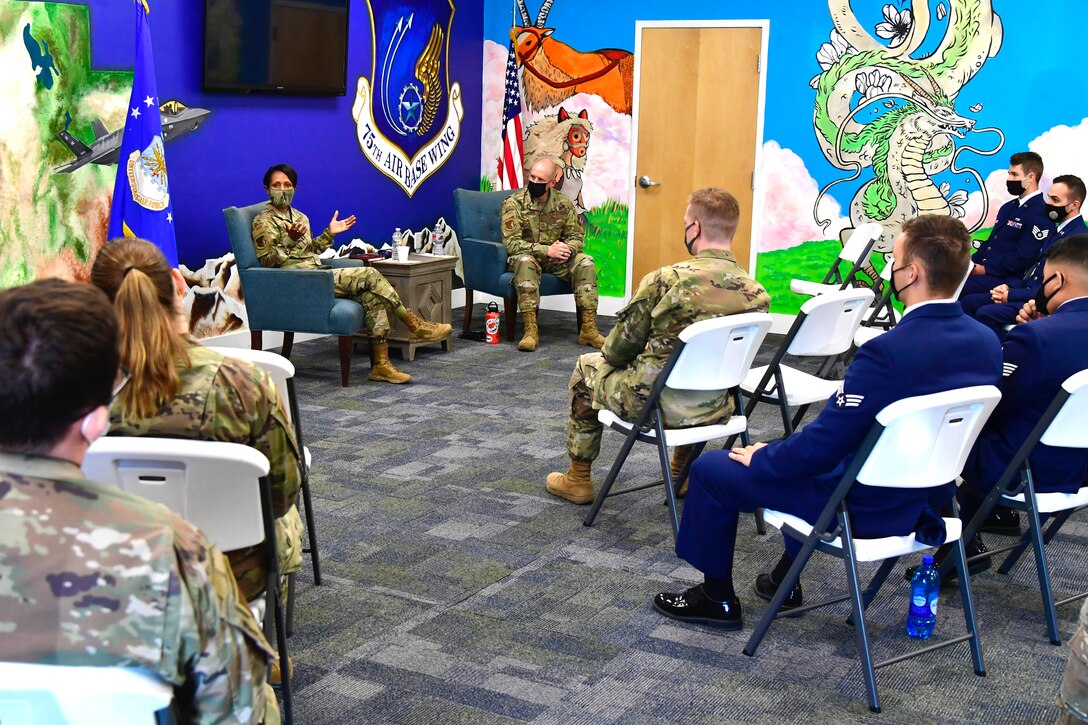 ABW leadership address Airmen at the Airman Recreation Center.