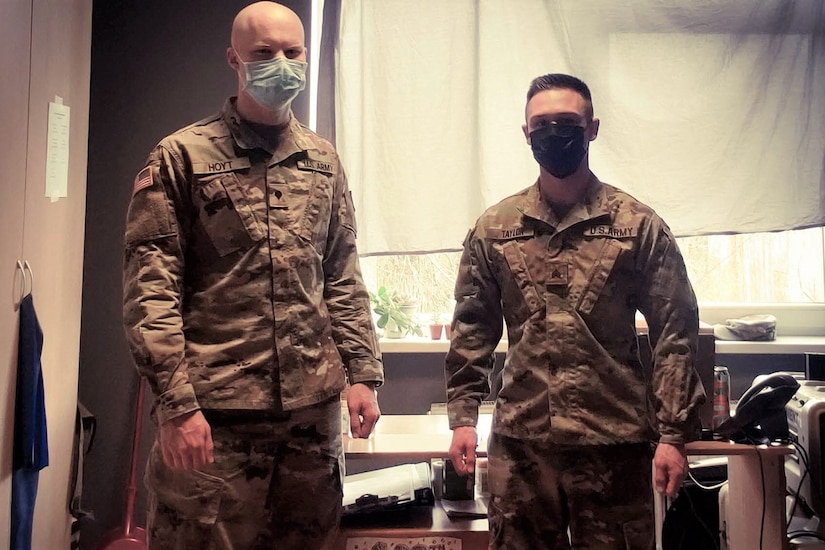 Spc. Bradley Hoyt, left, and Sgt. Bradley Taylor, both medics with the Pennsylvania National Guard's 108th Medical Company Area Support, pose in their office on a Lithuanian Army base in Marijampole, Lithuania, where they are providing medical support to U.S and Lithuanian troops. The 108th MCAS deployed to Europe in late February to provide medical support to U.S. and allied rotational forces in the region.