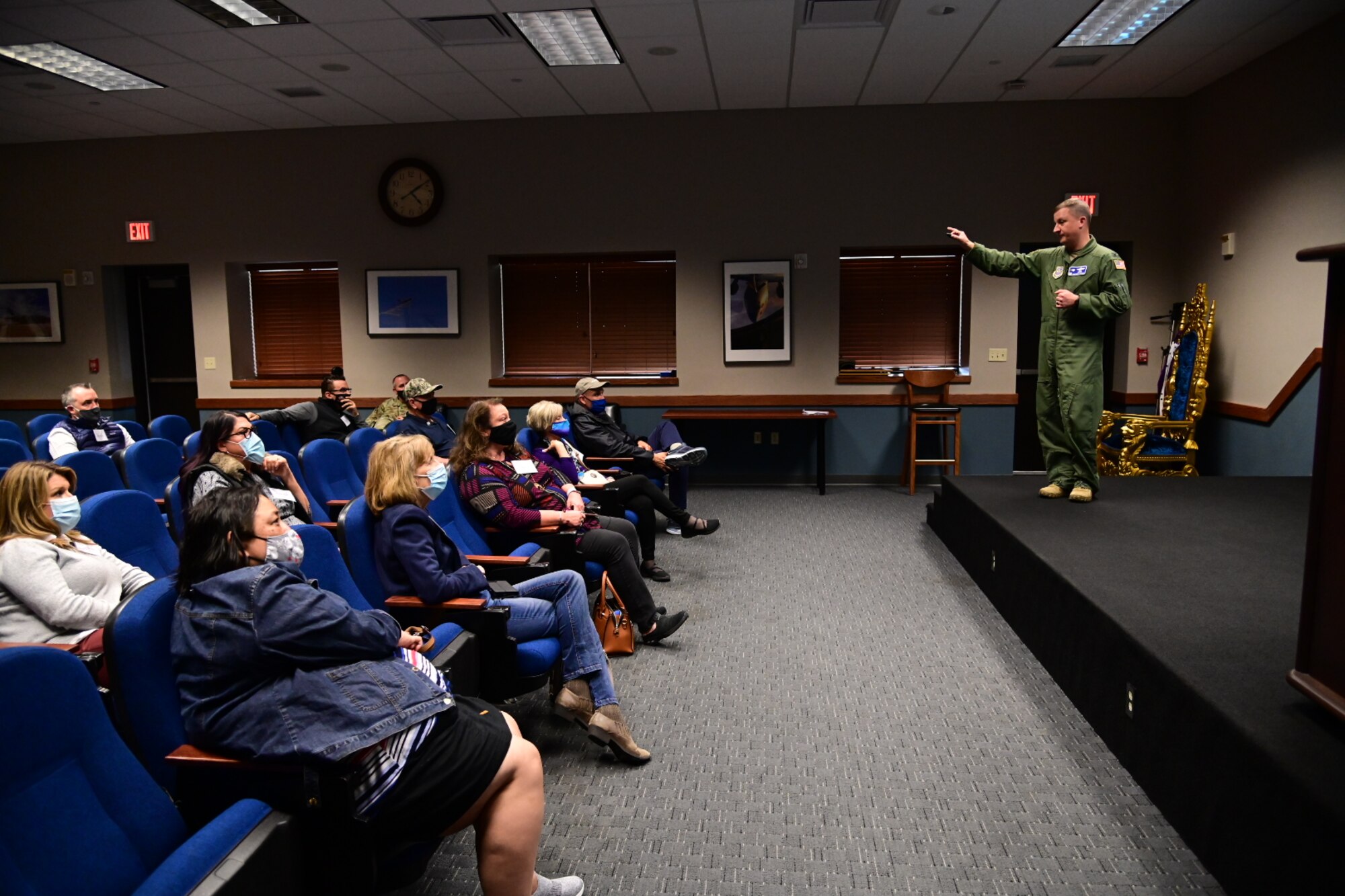 Col. Matthew Jones, 436th Airlift Wing commander, gives a mission brief to leaders and honorary commanders from Travis Air Force Base, California, during a tour of Dover AFB, Delaware, May 3, 2021. Travis AFB personnel visited multiple facilities at Dover AFB, including the isochronal inspection dock, the 436th Aerial Port Squadron, and Air Force Mortuary Affairs Operations. (U.S. Air Force photo by Senior Airman Marco A. Gomez)