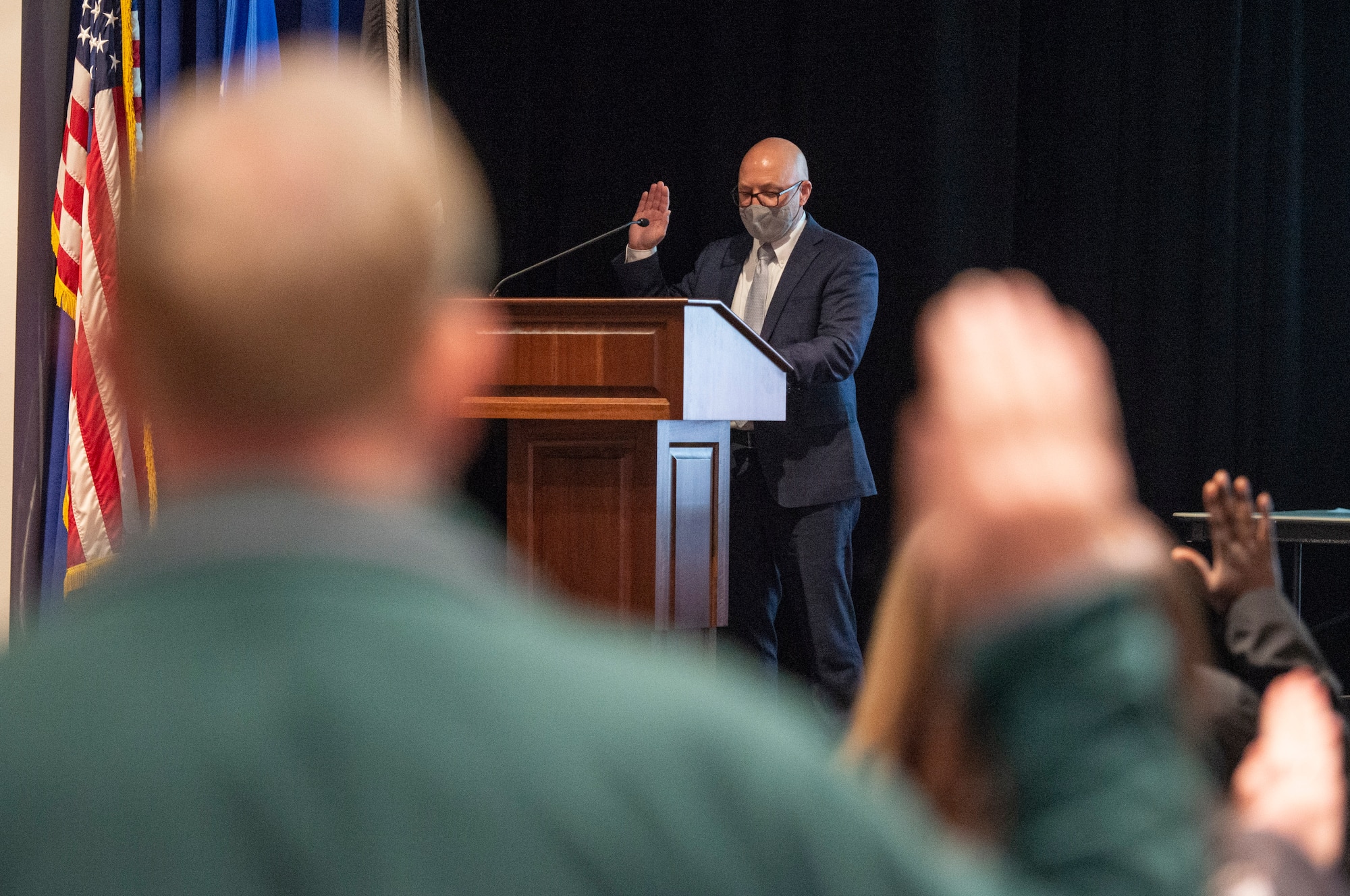 Gregory Leingang, 88th Air Base Wing vice director, leads new civilian hires in the oath of office at Wright-Patterson Air Force Base, Ohio, April 26, 2021. Article 6 of the Constitution requires an oath by all federal and state government officials, including Department of Defense civilian and military personnel. (U.S. Air Force photo by Wesley Farnsworth)