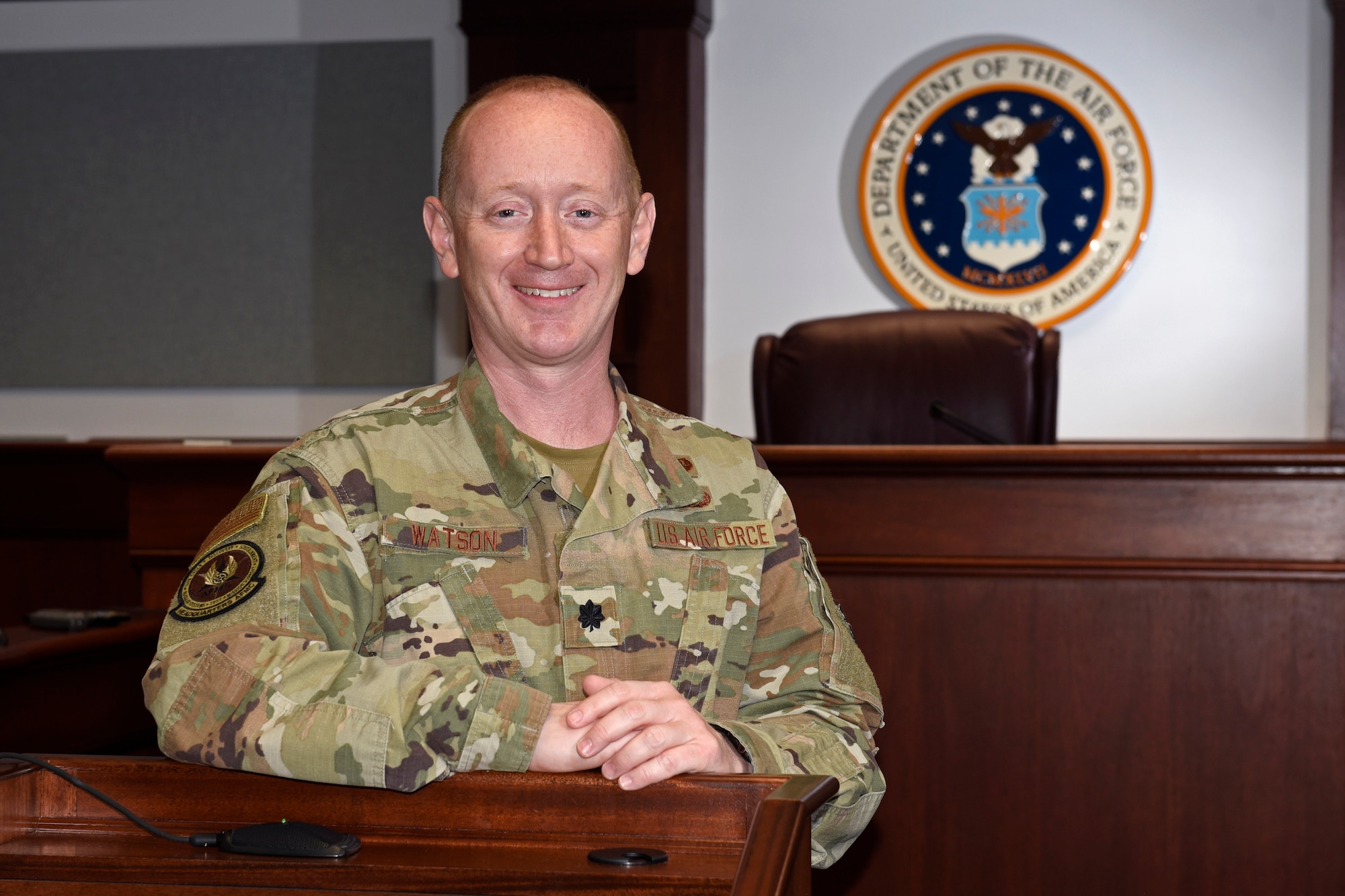 Lt. Col. Dan Watson, chief of the acquisition law division for Air Force Materiel Command, is pictured at Wright-Patterson Air Force Base, Ohio on April 20, 2021. Watson pinned on the rank of Colonel May 1 at Wright-Patt, where he began his Air Force career as an enlisted dog handler. (U.S. Air Force photo by Ty Greenlees)