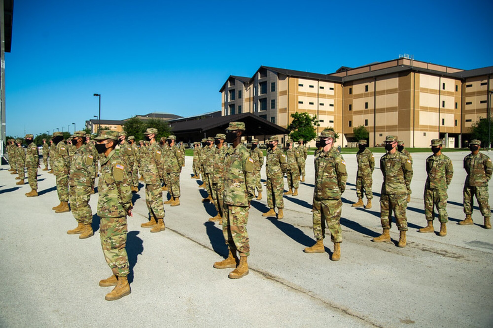 The first flight comprised entirely of U.S. Space Force Guardians graduated from Air Force Basic Military Training on May 6, 2021, at Joint Base San Antonio-Lackland, Texas. Thirty-one men comprised Flight 429, and four women were members of Flight 430. These 35 Guardians were among the total 571 graduates from the 324th Training Squadron. After graduation, the new Guardians will attend technical training at one of three bases: Vandenberg AFB, Calif.; Goodfellow AFB, Texas; and Keesler AFB, Miss. (U.S. Air Force photo by Thomas A. Coney)