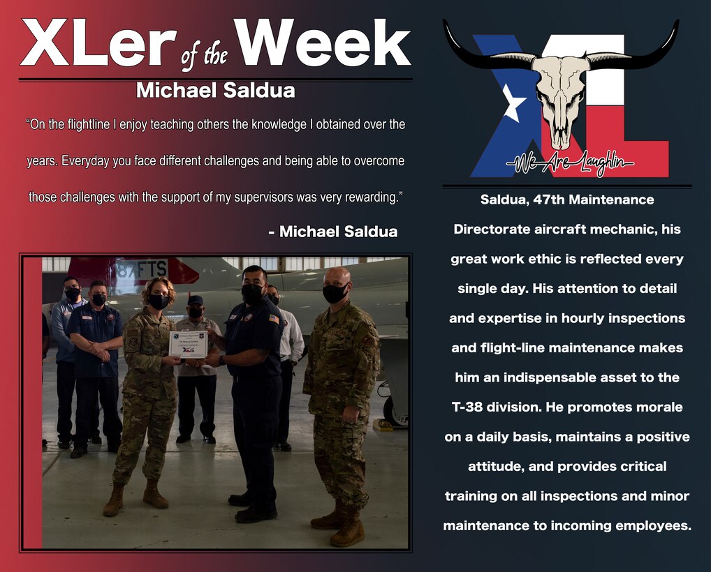 Michael Saldua, 47th Maintenance Directorate aircraft mechanic, was chosen by wing leadership to be the “XLer of the Week”, the week of May. 05, 2021, at Laughlin Air Force Base, Texas. The “XLer” award, presented by Col. Carey Jones, 47th Flying Training Wing vice commander, and Chief Master Sgt. David Snarr, 47th FTW command chief master sergeant, is given to those who consistently make outstanding contributions to their unit and the Laughlin mission. (U.S. Air Force Graphic by Airman 1st Class David Phaff)