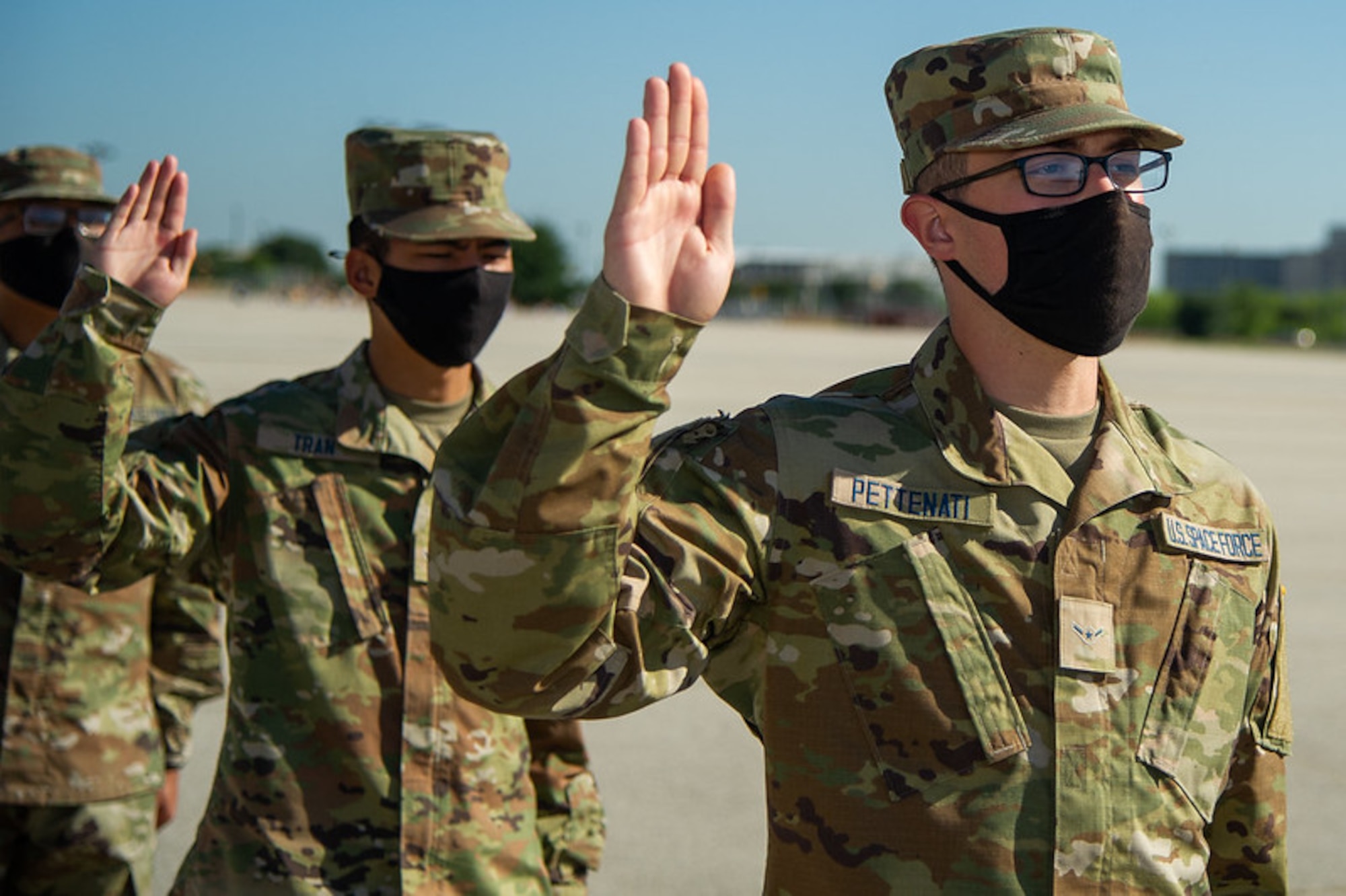 The first flight comprised entirely of U.S. Space Force Guardians graduated from Air Force Basic Military Training on May 6, 2021, at Joint Base San Antonio-Lackland, Texas. Thirty-one men comprised Flight 429, and four women were members of Flight 430. These 35 Guardians were among the total 571 graduates from the 324th Training Squadron. After graduation, the new Guardians will attend technical training at one of three bases: Vandenberg AFB, Calif.; Goodfellow AFB, Texas; and Keesler AFB, Miss. (U.S. Air Force photo by Thomas A. Coney)