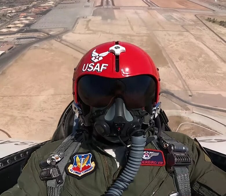 Former Ultimate Fighter Championship champion and UFC Hall of Famer Forrest Griffin in the backseat of a U.S. Air Force Thunderbird jet upon takeoff at Nellis Air Force Base, Nevada, Apr. 23, 2021.