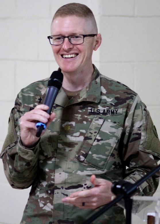 Army Reserve Maj. Eric Hughes, deployed to Camp Arifjan, Kuwait, with the Indianapolis-based 310th Sustainment Command (Expeditionary) serving as the 1st Theater Sustainment Command's operational command post family life chaplain, speaks at an April 14, 2021 training for the camp's chaplains and enlisted religious affairs specialists. "One of the key functions of the 7 Kilo, additional skill identifier, family life chaplain, is to provide a more comprehensive counseling service to those who request it."