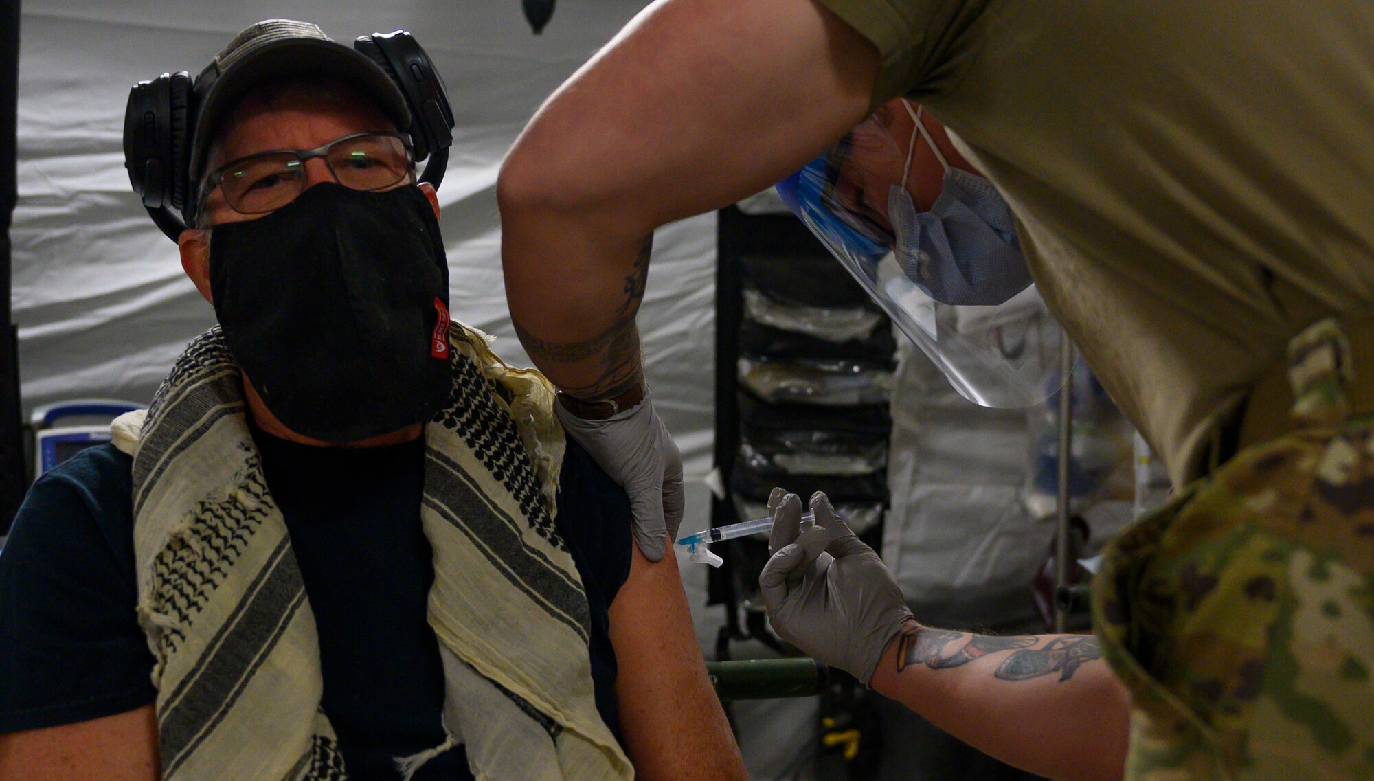 Medical personnel from the 378th Expeditionary Medical Squadron hosted a COVID-19 vaccine distribution event for joint forces at Prince Sultan Air Base, Kingdom of Saudi Arabia, May 4, 2021. The event was part of ongoing efforts to distribute more than 900 Janssen (Johnson & Johnson) COVID-19 vaccine doses, following the DoD Director of Health Affairs' direction for military treatment facilities to resume administration of the vaccine. DoD personnel are highly encouraged to take the vaccine to protect their health, their families, their community, and lower the public health risks associated with the COVID-19 pandemic. (U.S. Air Force photo by Senior Airman Samuel Earick)