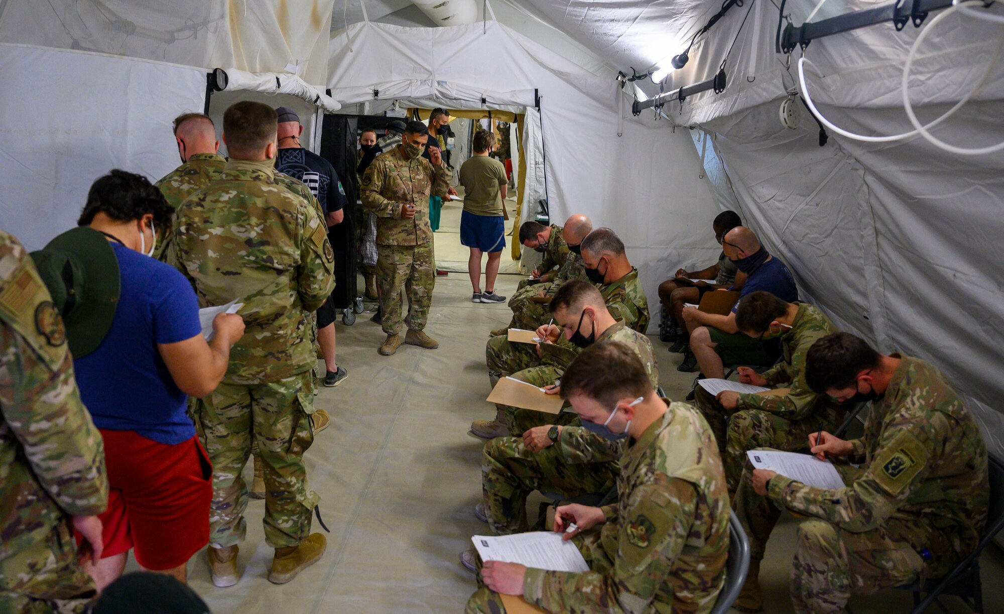 Medical personnel from the 378th Expeditionary Medical Squadron hosted a COVID-19 vaccine distribution event for joint forces at Prince Sultan Air Base, Kingdom of Saudi Arabia, May 4, 2021. The event was part of ongoing efforts to distribute more than 900 Janssen (Johnson & Johnson) COVID-19 vaccine doses, following the DoD Director of Health Affairs' direction for military treatment facilities to resume administration of the vaccine. DoD personnel are highly encouraged to take the vaccine to protect their health, their families, their community, and lower the public health risks associated with the COVID-19 pandemic. (U.S. Air Force photo by Senior Airman Samuel Earick)