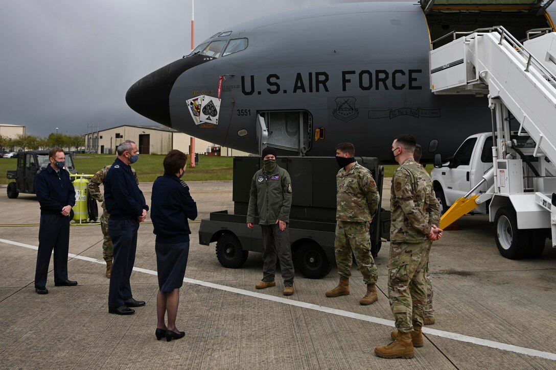 U.S. Airmen assigned to the 100th Air Refueling Wing brief distinguished visitors from Royal Air Force Cranwell on the KC-135 Stratotanker aircraft at RAF Mildenhall, England, May 5, 2021. The distinguished visitors toured the base to learn about the missions and capabilities of the 100th Air Refueling Wing and 352nd Special Operations Wing. (U.S. Air Force photo by Senior Airman Joseph Barron)