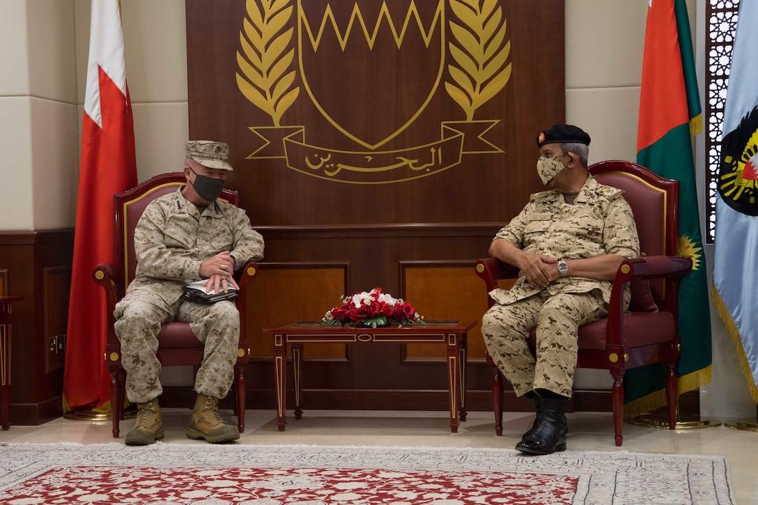 MANAMA, Bahrain (May 5, 2021) - Gen. Frank McKenzie, left, commander of U.S. Central Command (USCENTCOM), speaks with Commander-in-Chief Bahrain Defence Forces (BDF) Field Marshal Shaikh Khalifa Bin Ahmed Al Khalifa, during a visit to Bahrain Defence Force headquarters to discuss ongoing operations and commitment to the region, May 5. USCENTCOM directs and enables military operations and activities with allies and partners to increase regional security and stability in support of enduring U.S. interests. (U.S. Navy photo by Mass Communication Specialist 2nd Class Jordan Crouch)