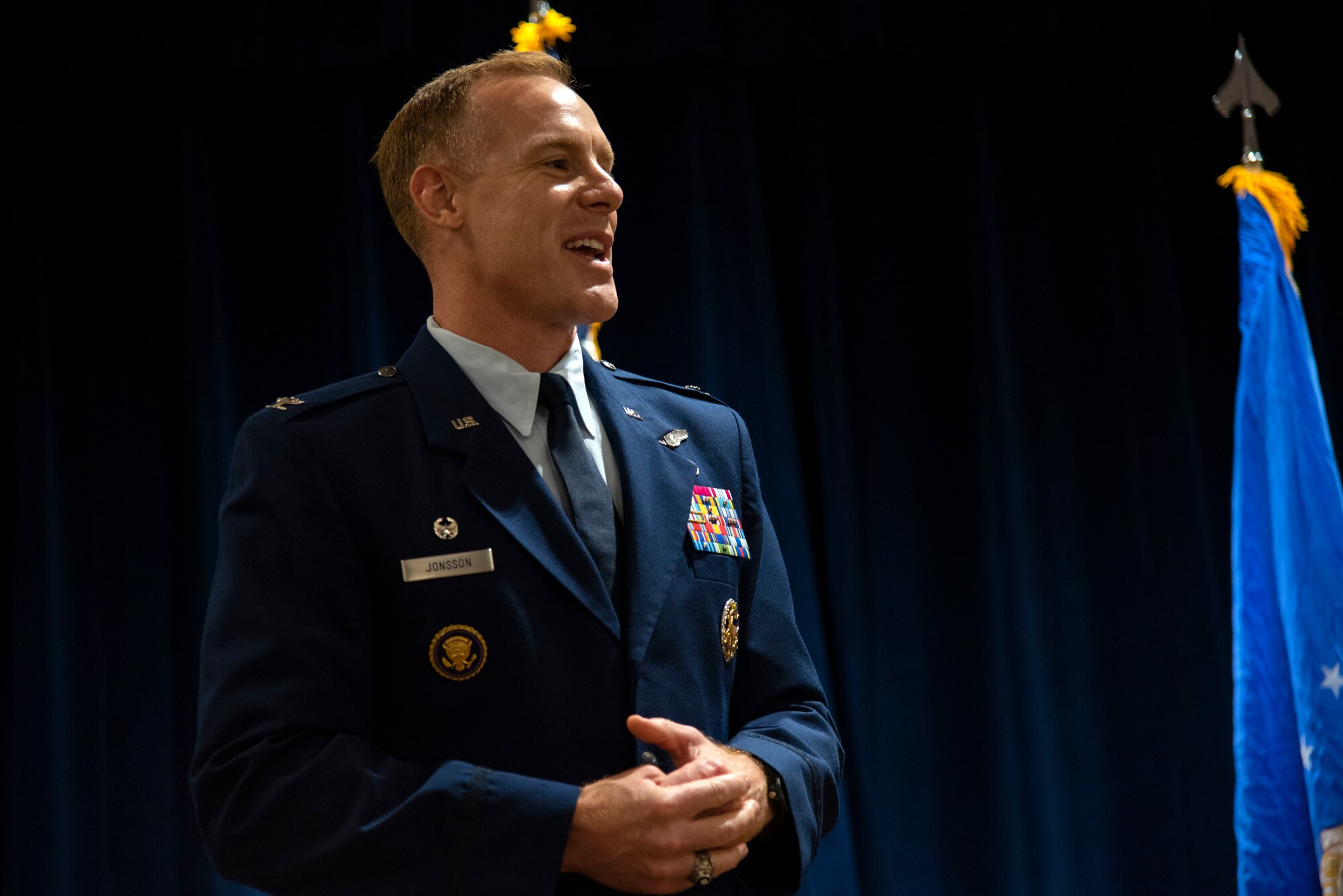U.S. Air Force Col. Ben Jonsson, 6th Air Refueling Wing commander, delivers remarks during an Airman Leadership School (ALS) graduation ceremony, at MacDill Air Force Base, Florida May 6, 2021.