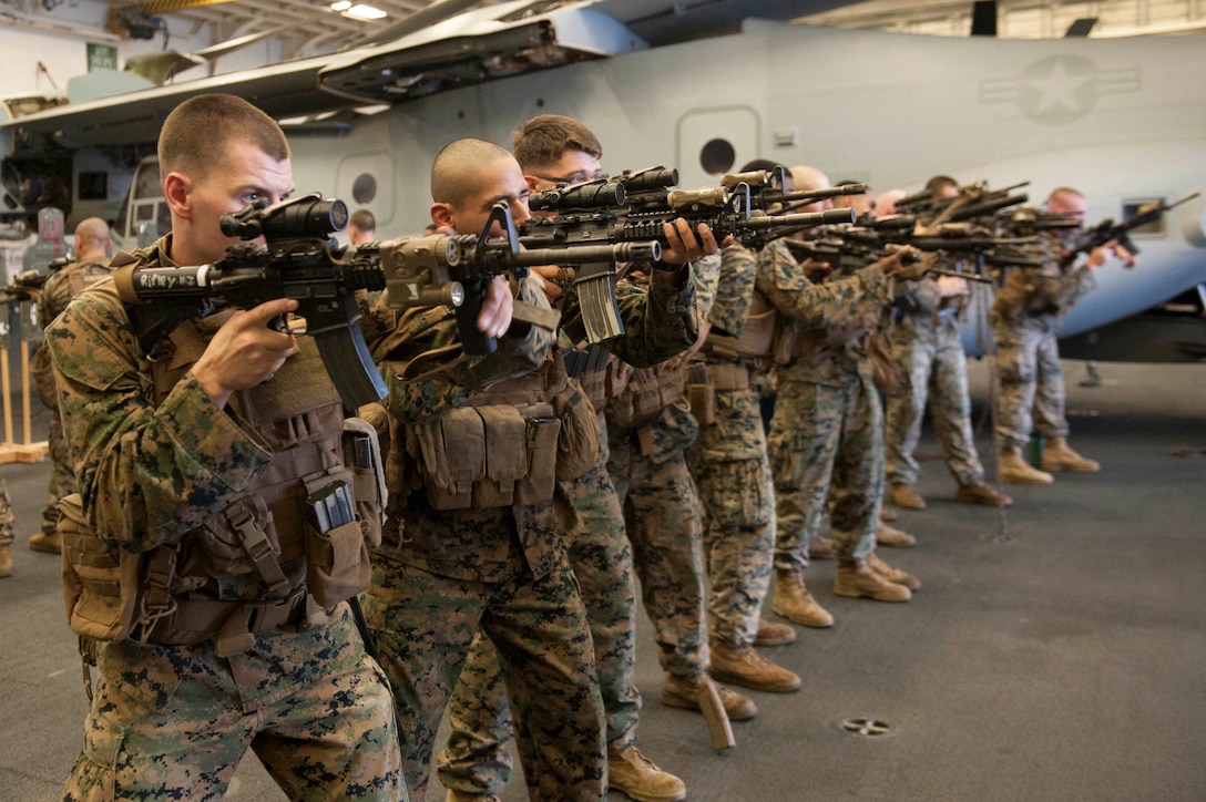 Marines assigned to the 15th Marine Expeditionary Unit conduct rifle training in the hangar bay of the amphibious assault ship USS America (LHA 6). America, part of the America Amphibious Ready Group, with embarked 15th Marine Expeditionary Unit, is operating in the Indo-Asia Pacific region to strengthen partnerships and serve as a ready-response force for any type of contingency.