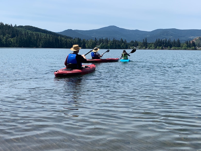 A family kayaks on Dexter Reservoir in Lowell, Oregon, May 5, 2021. 

All family members wore life jackets to help ensure a safe time on the water.