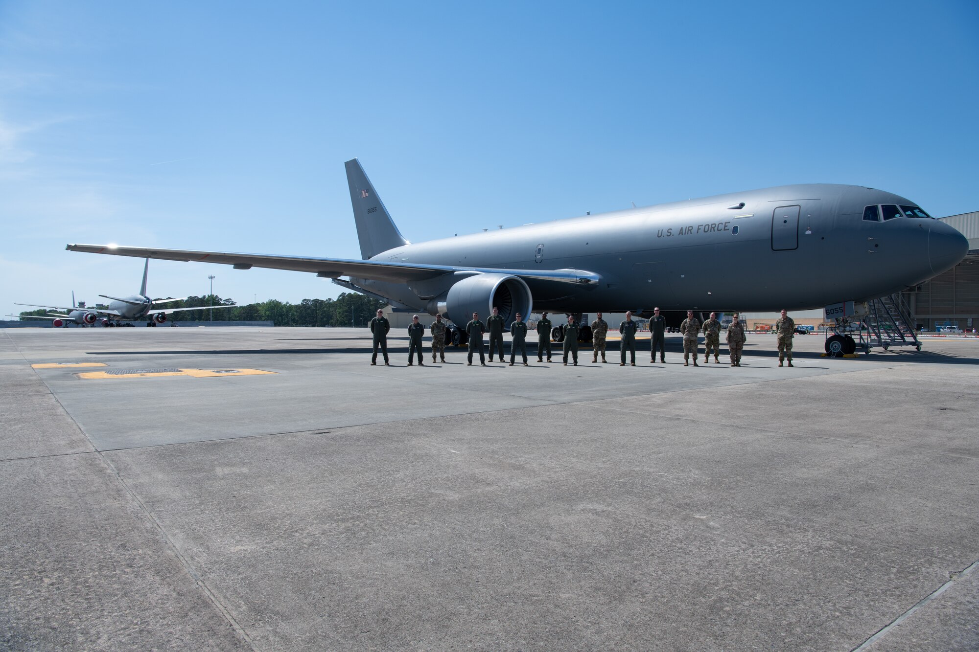 Aircrew and maintainers pose in front of a KC-46 A Pegasus with Col. Stephen L. Lanier, 916Air Refueling Wing Commander, and 916ARW Command Chief Chief Master Sgt. David J. Melby on Seymour Johnson AFB, N.C. on April 30, 2021