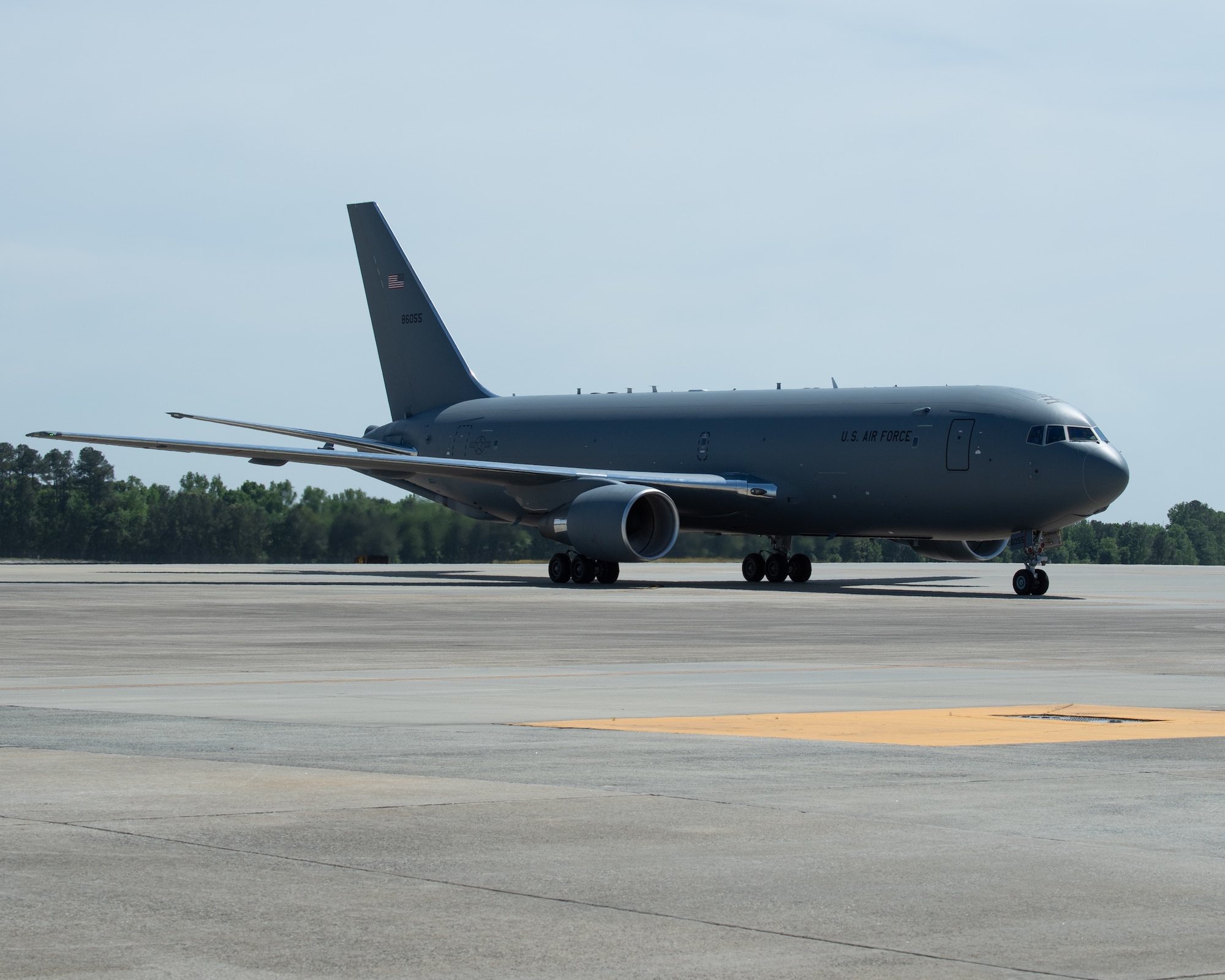 A KC-46A Pegasus travels from the runway to the 916th Air Refueling Wing ramp aboard Seymour Johnson AFB N.C. on April 30, 2021