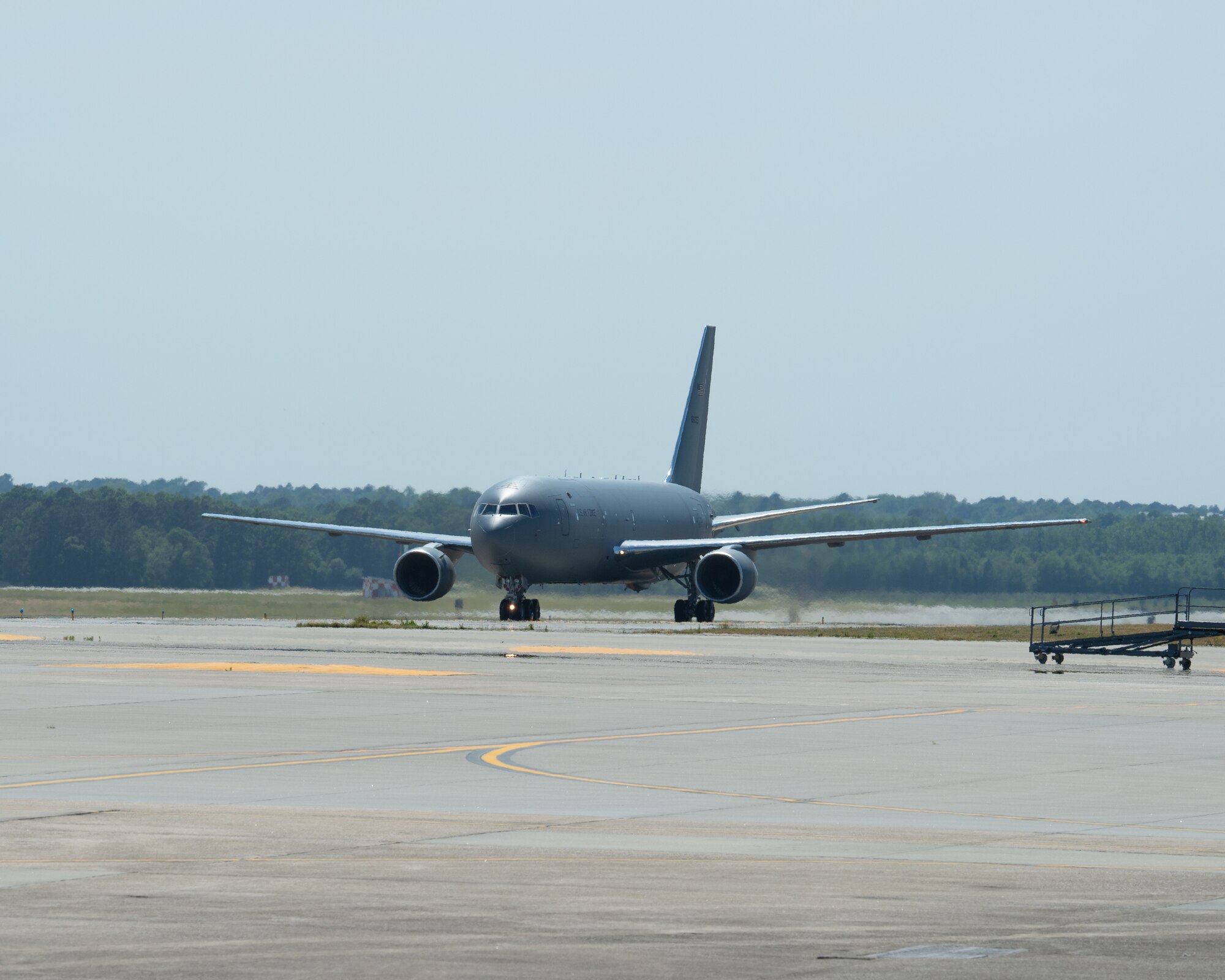 A KC-46A Pegasus lands on the Seymour Johnson AFB runway on April 30, 2021.