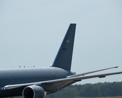 A KC-46A Pegasus travels from the runway to the 916th Air Refueling Wing ramp aboard Seymour Johnson AFB N.C. on April 30, 2021