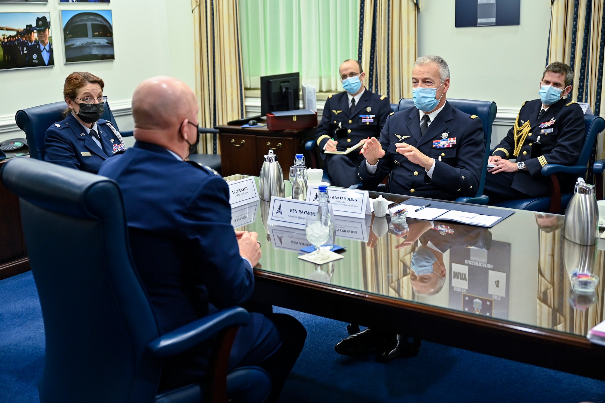 Maj. Gen. Michel Friedling, commander of French Space Command, speaks with Chief of Space Operations Gen. John W. Raymond during a meeting at the Pentagon
