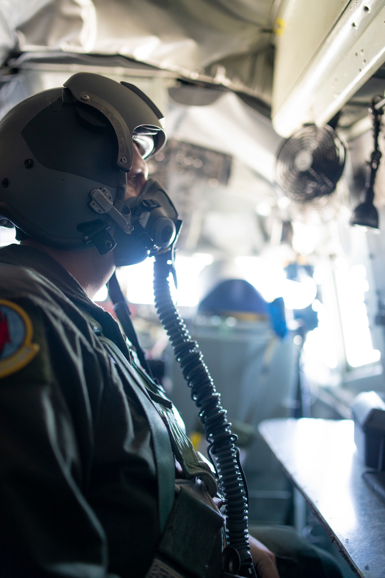 U.S. Air Force Tech. Sgt. Johnathan Gurley, a 50th Air Refueling Squadron boom operator prepares for takeoff in a KC-135 Stratotanker aircraft, from Barksdale Air Force Base (AFB), Louisiana, April 20, 2021. As part of their training, crews wore helmets and oxygen masks throughout the duration of the flight and simulated contested environments in-route to aerial refuel a B-52 assigned to the 96th Bomber Squadron from Barksdale AFB.