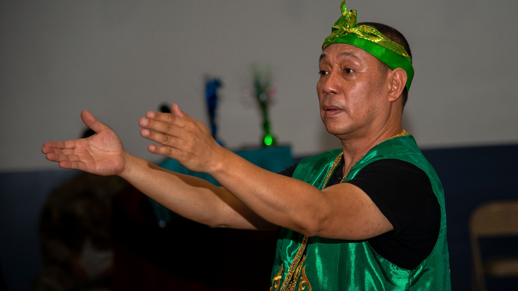 Nhick Ramiro Pacis, a composer from the University of Philippines, leads bamboo orchestra Musikong Kawayan in a performance at an Asian American Pacific Islander Heritage Month luncheon at MacDill Air Force Base, Florida, May 6, 2021.