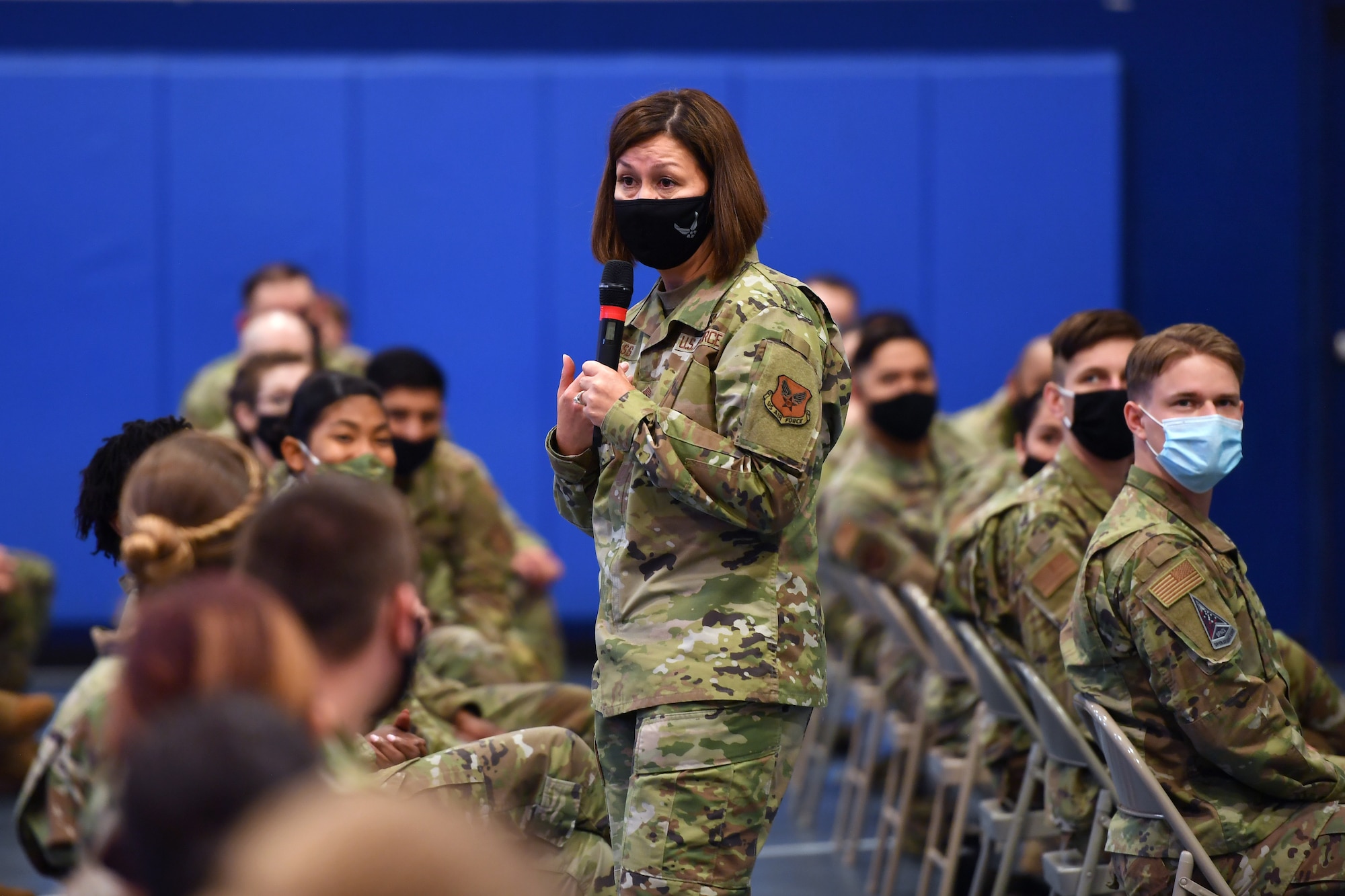 Chief Bass speaks at an all call at Schriever Air Force Base