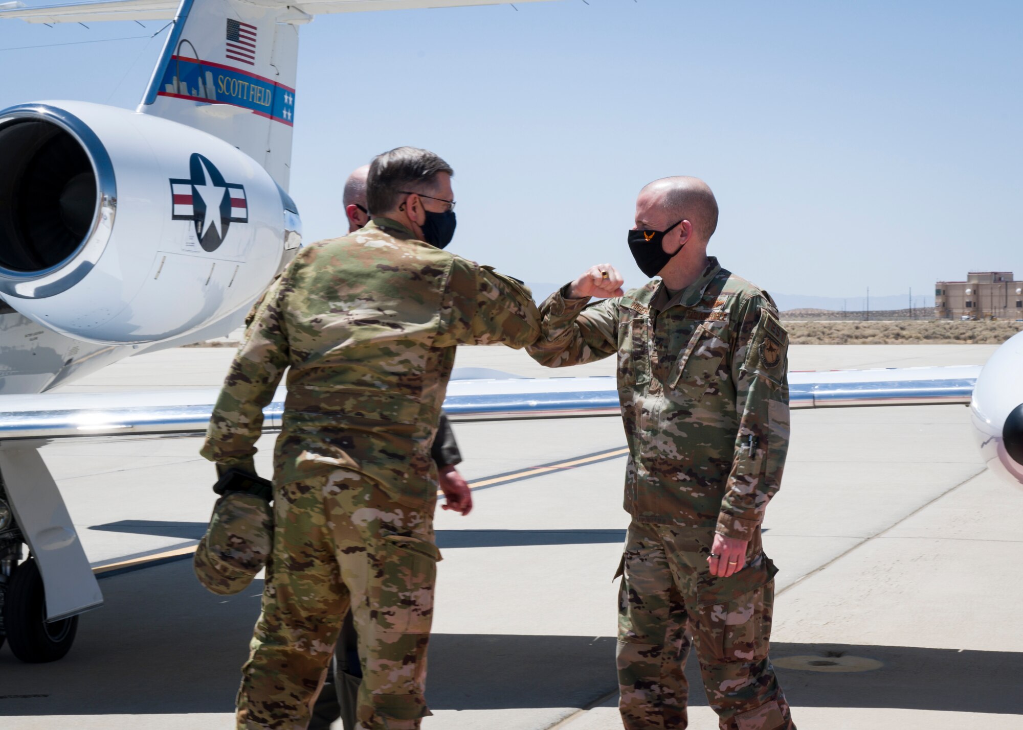 Brig. Gen. Matthew Higer, 412th Test Wing commander, welcomes Gen. Timothy Ray, Air Force Global Strike Command commander, to Edwards Air Force Base, California, May 5. (Air Force photo by Giancarlo Casem)