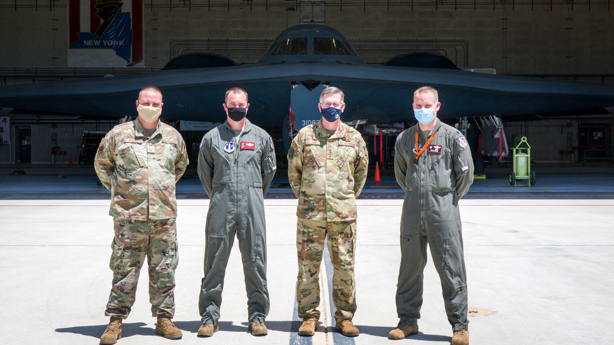 Gen. Timothy Ray, Air Force Global Strike Command commander, poses for a photo with B-2 test program personnel Master Sgt. Brock Schuld, 131st Aircraft Maintenance Squadron, Lt. Col. Matthew Howard, 110th Bomb Squadron commander, and Lt. Col. Brian Stiles, 72nd Test and Evaluation Squadron commander, in front of the B-2 "Spirit of Pennsylvania" during his visit to Edwards Air Force Base, California, May 5. (Air Force photo by Giancarlo Casem)