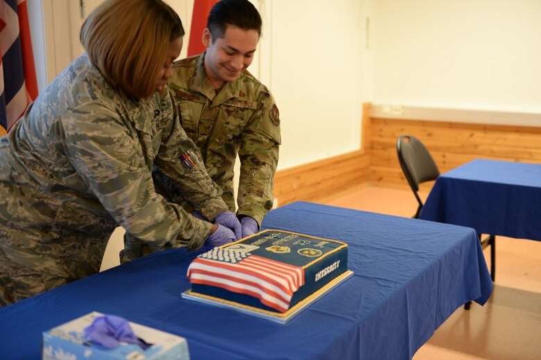 Air Force Birthday – Lt Col Susie Lewis (JWC) and SSgt Alberto Mosqueda (426 currently deployed to Saudi) (Courtesy photo).