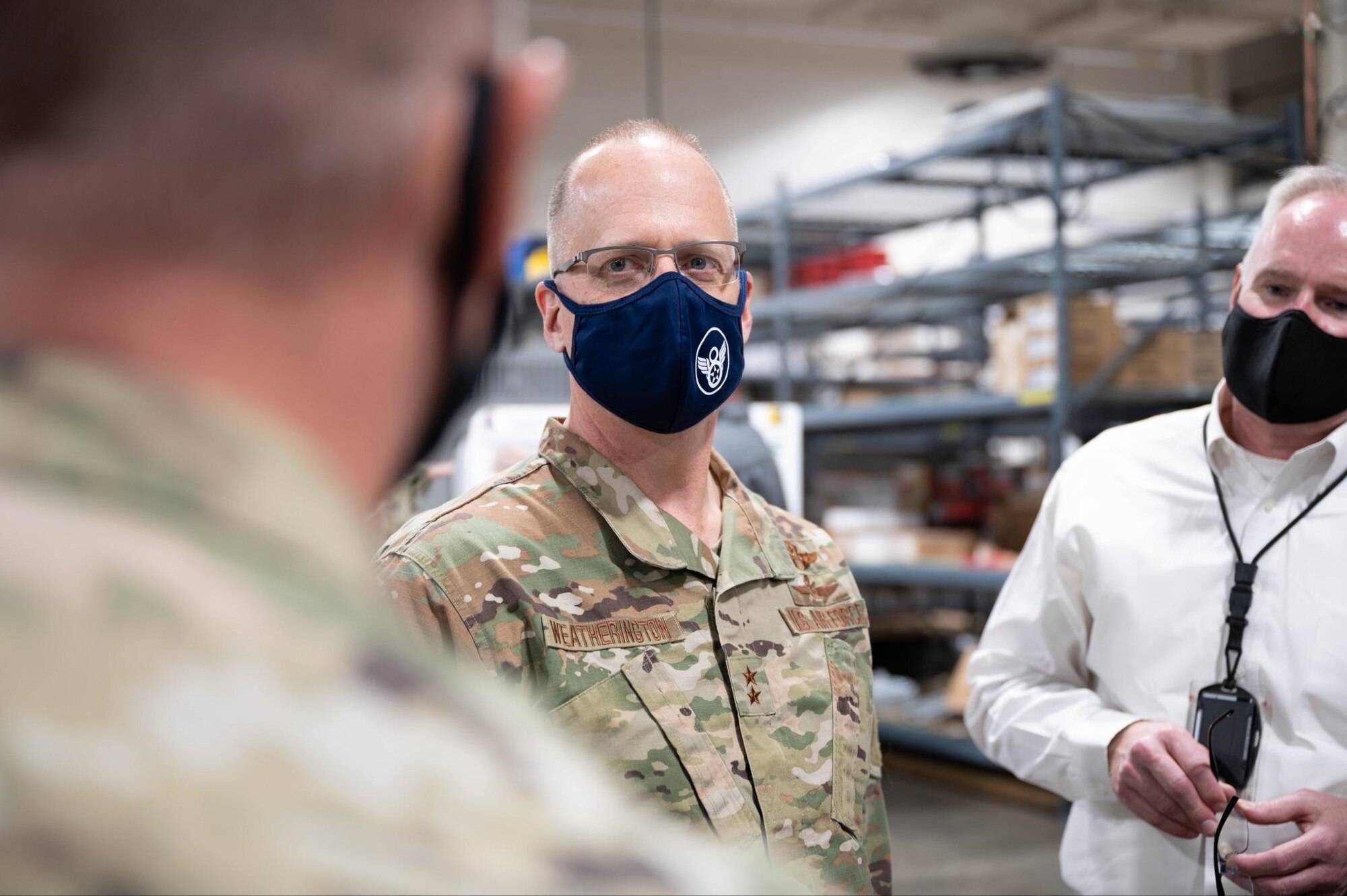 Maj. Gen. Mark Weatherington, 8th Air Force and Joint-Global Strike Operations Center commander, meets with Airmen and engineers from the 28th Maintenance Group during his visit to Ellsworth Air Force Base, S.D., May 4, 2021.