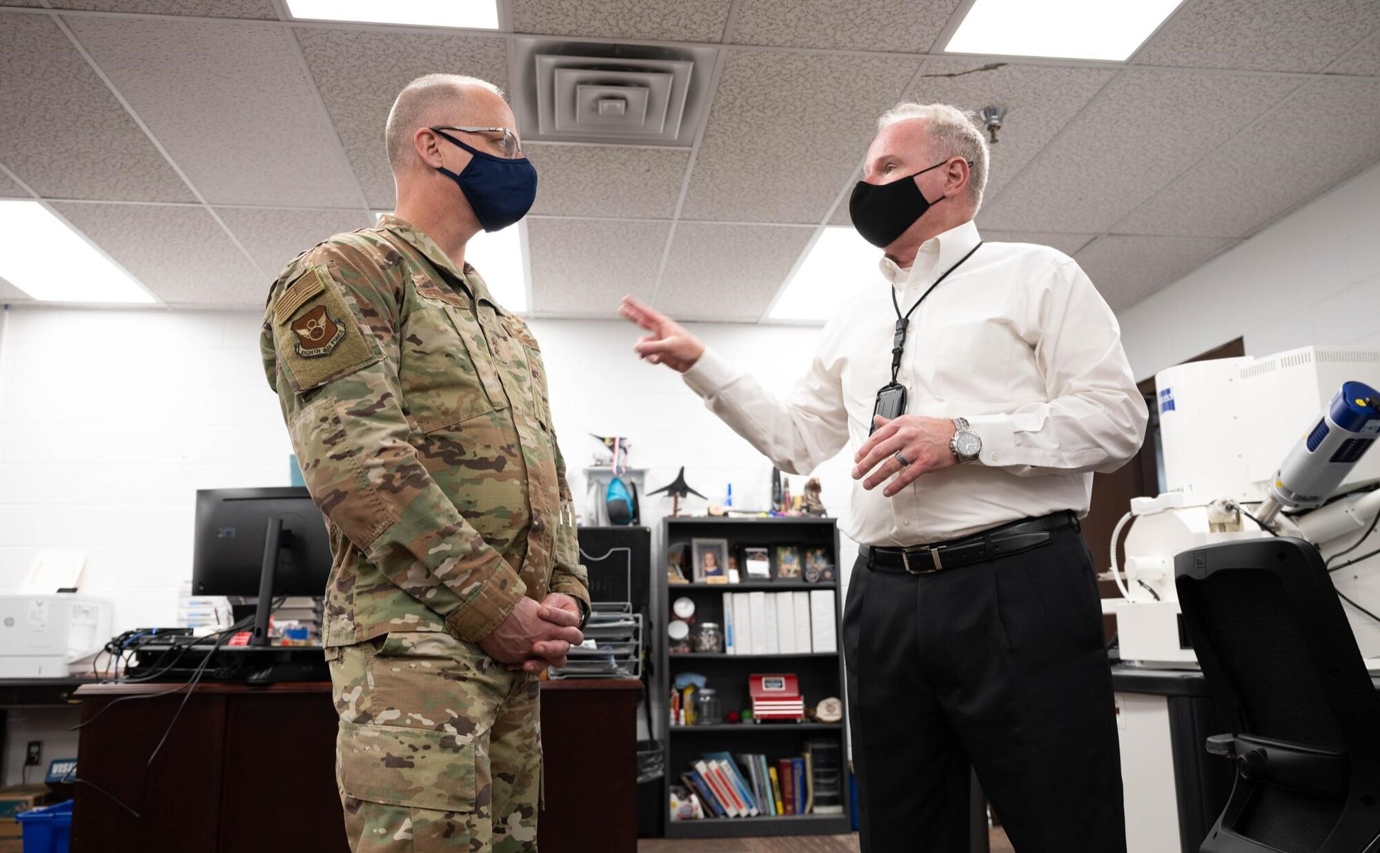 Maj. Gen. Mark Weatherington, 8th Air Force and Joint-Global Strike Operations Center commander, meets with 28th Maintenance Group engineers to discuss possible future collaborations with area universities and industries during his visit at Ellsworth Air Force Base, S.D., May 4, 2021.